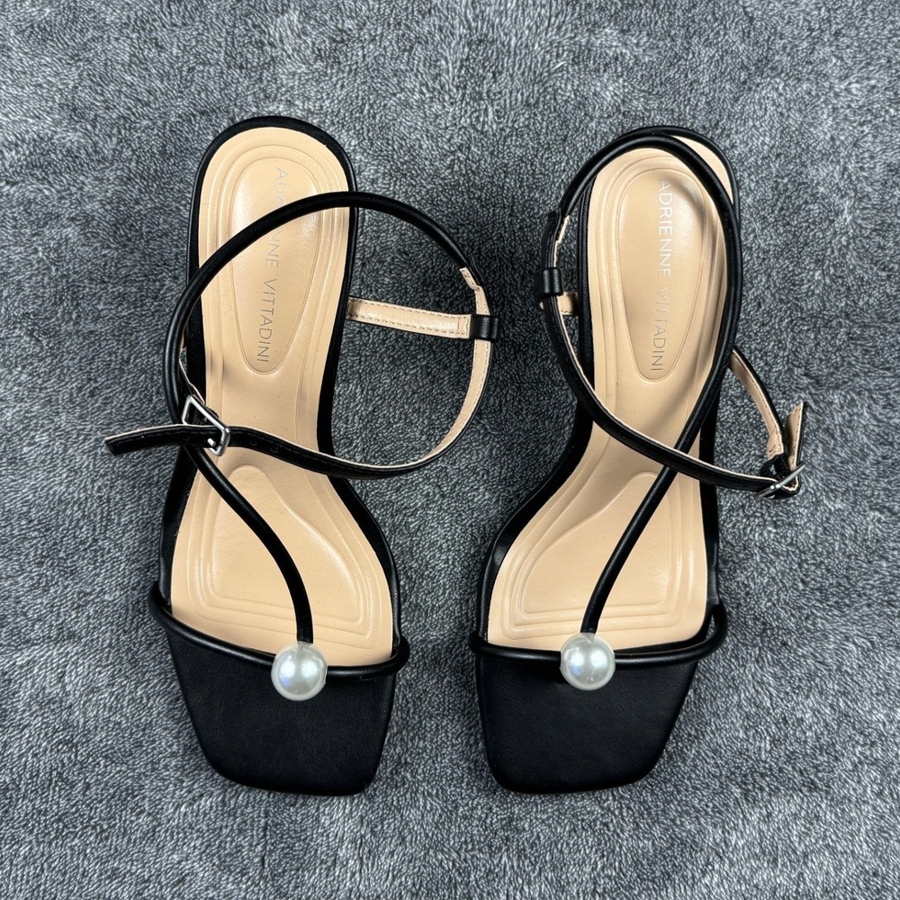 Adrienne Vittadini Begley Black Pearl Square Toe Kitten Heel Sandals Mens 7M‎